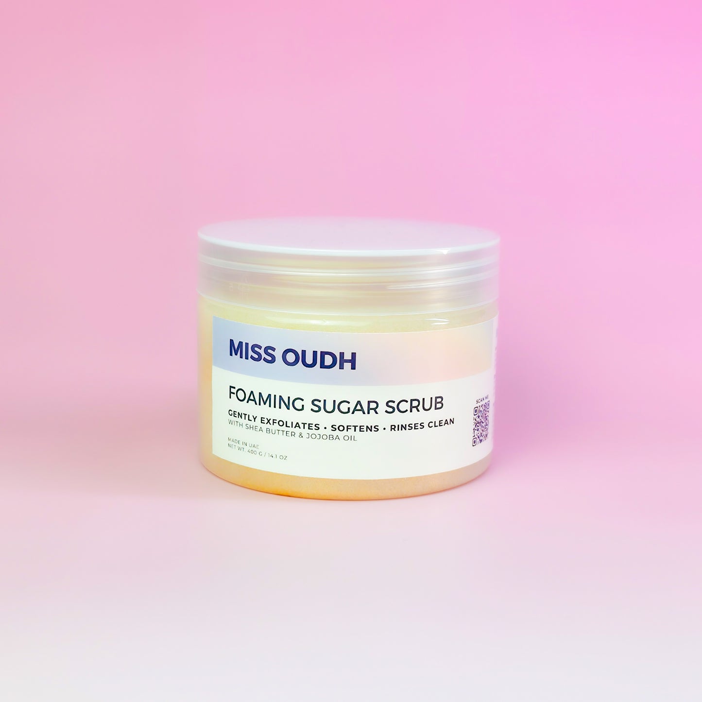 Miss Oudh sugar scrub texture close-up, handmade in UAE