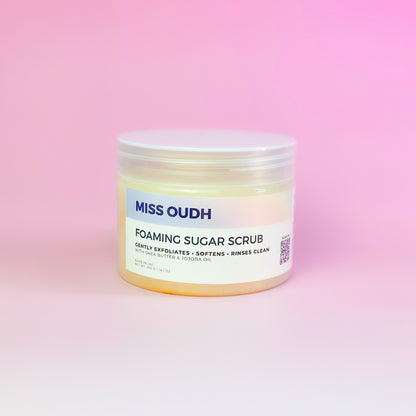 Miss Oudh sugar scrub texture close-up, handmade in UAE