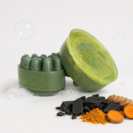 Charcoal and turmeric massage soap bar with embedded loofah by Simple Soaps UAE