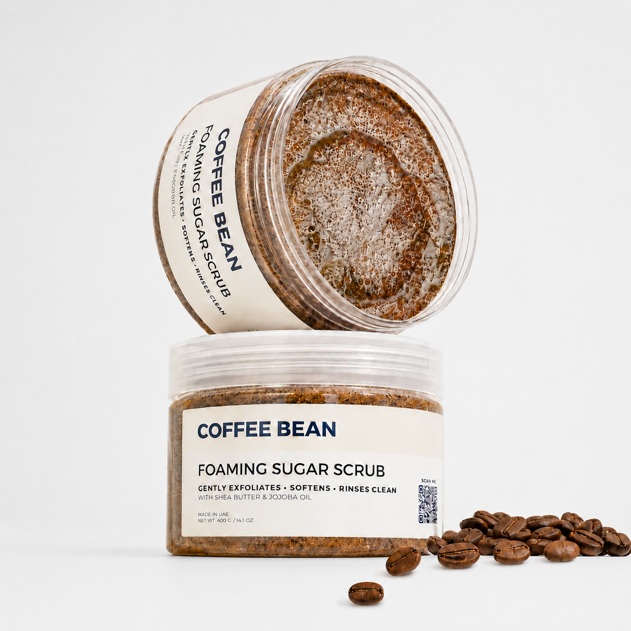 Coffee Bean foaming sugar scrub jar by Simple Soaps UAE