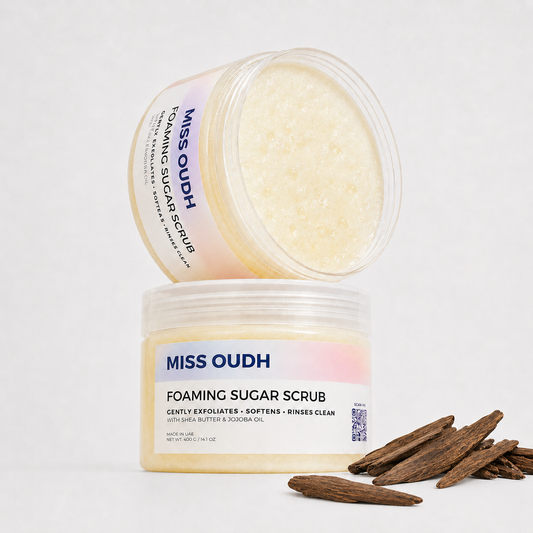 Miss Oudh foaming sugar scrub jar by Simple Soaps UAE