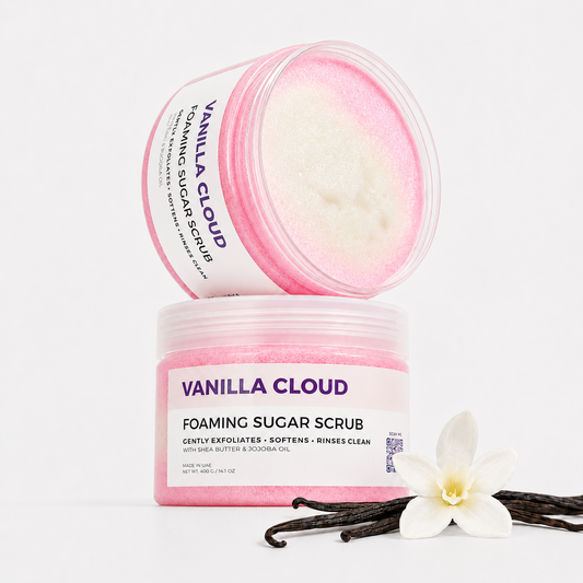 Vanilla Cloud foaming sugar scrub jar by Simple Soaps UAE